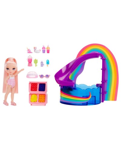 Ігровий набір з лялькою RAINBOW HIGH серії «Littles. Веселкова вечарка біля басейну»: лялька 16 см з аксесуарами та басейном, у коробці 12х29х20 см