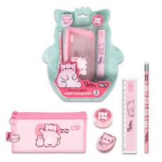 Набір шкільний «Pembe the Cat and a rosy mood» з 5 предметів: пенал, лінійка, гумка, точилка та олівець, ТМ Yes