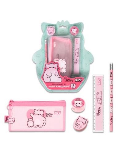 Набір шкільний «Pembe the Cat and a rosy mood» з 5 предметів: пенал, лінійка, гумка, точилка та олівець, ТМ Yes