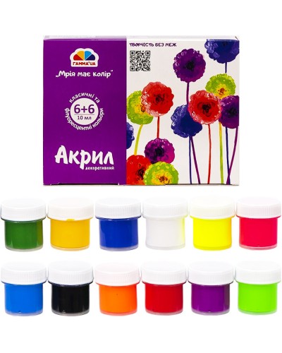 Фарби акрилові «Творчість», 6 матових кольорів + 6 флуоресцентних кольорів по 10 мл