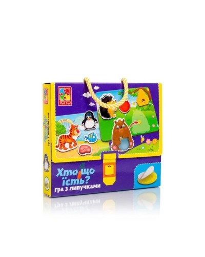 Гра настільна «Хто що їсть?» з 4 ігрових полів, 16 деталей та 32 липучки, у коробці 22,5х3,5х18,5 см, ТМ Vladi Toys