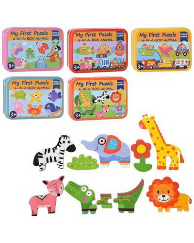 Пазли дерев`яні, в асортименті, у металевому пеналі 17х12,5х3 см