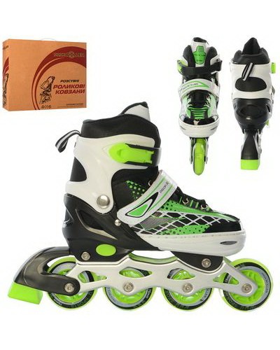 Ролики роздвижні, шнур + бакля, алюмінева рама, колеса ПУ 70 мм, 1 світяться, зелені, розмір 35-38