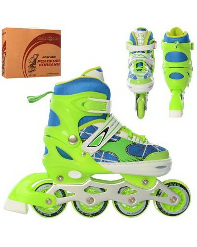 Ролики, М (35-38), розсувні, шнур + бакля, алюмінева рама, колеса ПУ 70 мм, 1 світиться, зелені