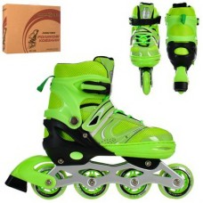 Ролики роздвижні, шнур + бакля, алюмінева рама, колеса ПУ 70 мм, устілка 24 см, зелені, розмір 39-42