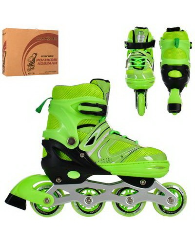 Ролики роздвижні, шнур + бакля, алюмінева рама, колеса ПУ 70 мм, устілка 24 см, зелені, розмір 39-42