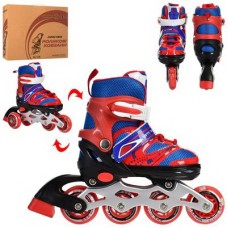 Ролики (27-30), роздвижні, шнур+бакля, алюмінева рама, колеса ПУ 64 мм, 1 світят., комбо, червоні