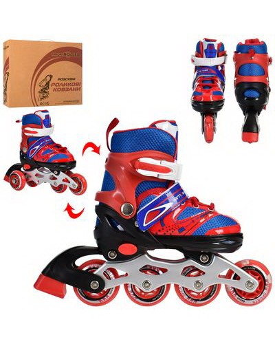 Ролики (27-30), роздвижні, шнур+бакля, алюмінева рама, колеса ПУ 64 мм, 1 світят., комбо, червоні