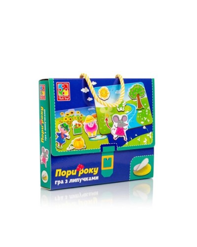 Гра настільна «Яка пора року?» з 4 ігрових полів, 16 деталей та 32 липучки, у коробці 22,5х3,5х18,5 см, ТМ Vladi Toys