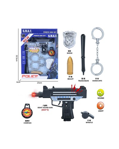 Набір поліцейського зі світлом та звуком: пістолет, наручники, гільза та інші аксесуари, на батарейці, у коробці 23х32х5 см