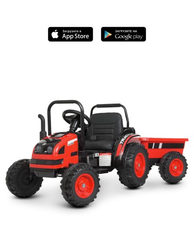 Трактор р/к 2,4G з 2 моторами по 35 W на 1 аккумуляторі 12 V 7-9 AH з колеса EVA, USB, музикою та шкіряним сидінням, червоний