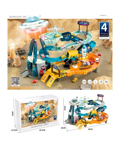 Гараж -космодром зі звуком та світлом, 4 машинками, 3 космічними кораблями, на батарейці, у коробці 42х13х28 см