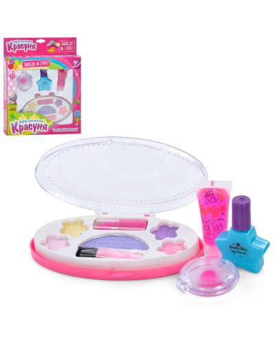 Дитяча косметика у футлярі: тіні, помада, пензлик, лак, блиск, у коробці 21х26х3 см