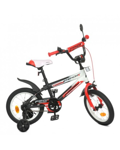Велосипед дитячий «PROF1. Inspirer», 14 дюймів, матовий, ліхтар, дзвінок, дод. колеса, чорно-біло-ч.