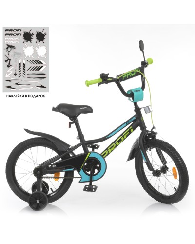 Велосипед дитячий «PROF1 Prime», 16 д., ліхтар, дзвінок, дзеркало, дод. колеса, чорний (матовий)