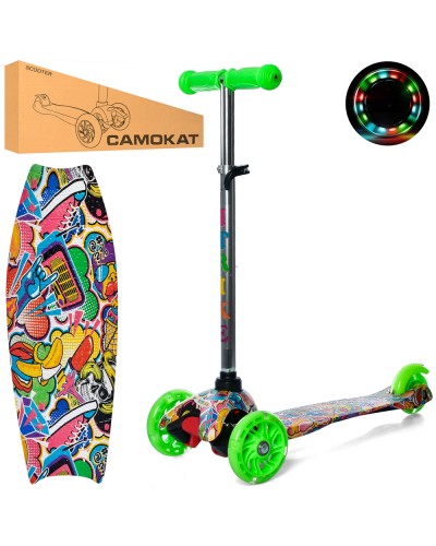 Самокат «MINI», сталь+плас., 3-кол., ПУ, 2 пер. 120 мм, світло, підн. 29-11см, кермо 61-71 см, принт