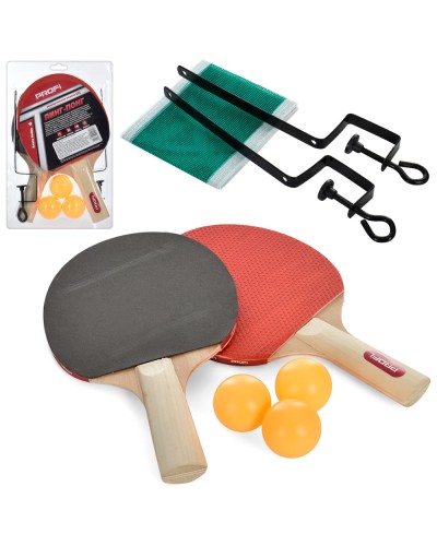 Набір для тенісу: 2 ракетки по 25, 5 см EVA з дерев`яними ручками, 3 кульки 40 мм та сітка, під слюдою 18х28х4,5 см
