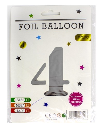 Кульки фольговані «Цифра 4» 82 см срібло, ТМ Leader