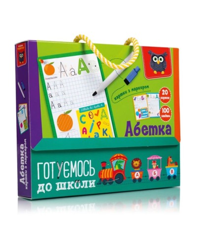 Гра настільна «Готуємось до школи: Абетка» з 20 двосторонніх крток, 100 завдань та маркера, у коробці 22,5х3,5х18,5 см, ТМ Vladi Toys