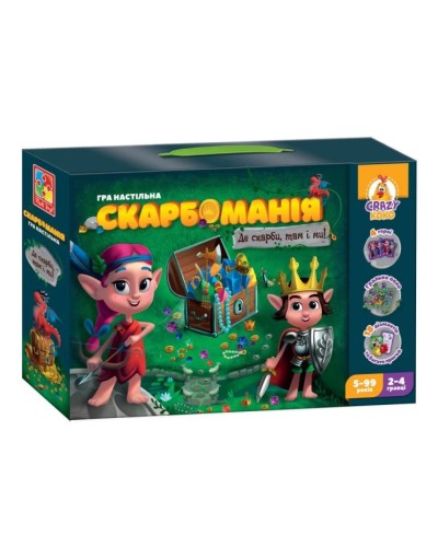 Гра настільна «Скарбоманія» з ігровим полем, гральним кубиком, 18 діамантами, 74 елементи та 4 підставками, у коробці 28,5х6х18,5 см, ТМ Vladi Toys