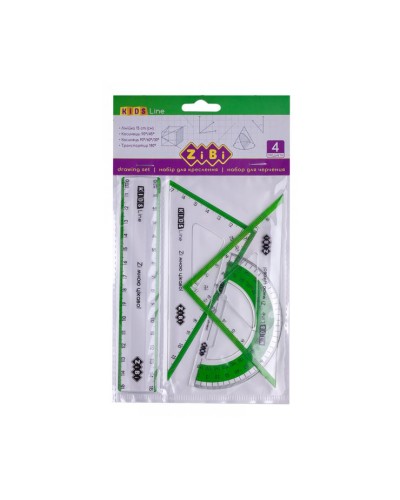 Комплект: лінійка 15 см, 2 трикутники, транспортир, з салатовою смужкою, ТМ ZiBi