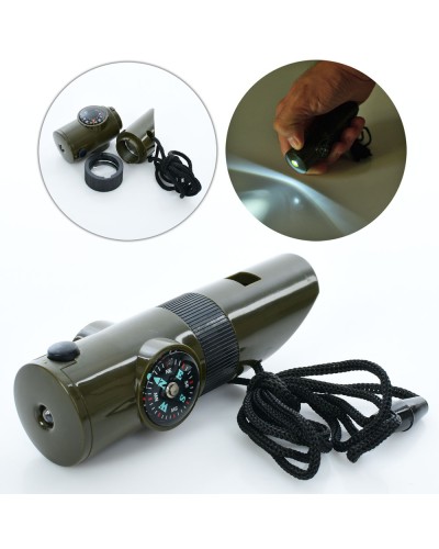 Свисток 10 см, 7 в 1, на шнурку, компас, градусник, лупа, ліхтарик, у коробці 10х3х3 см