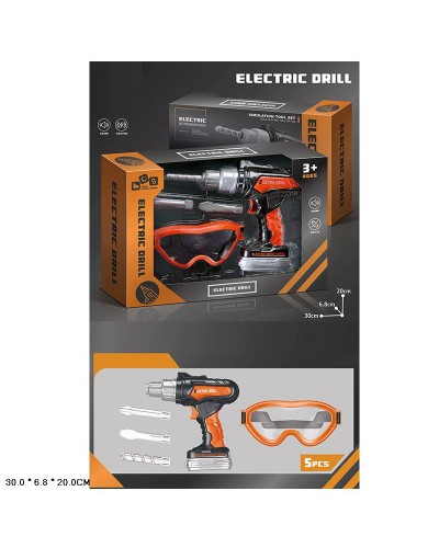 Набір інструментів: дриль зі світлом та звуком, захина маска, змінні елементи, на батарейці, у коробці 30х20х6,8 см