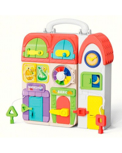 Бізіпланшет «Будиночок» 24х23х8 см музичний з активною панеллю, шухлядками, ключиками, дверцятами, англійська та українська озвучка, у коробці 25х9,5х27 см