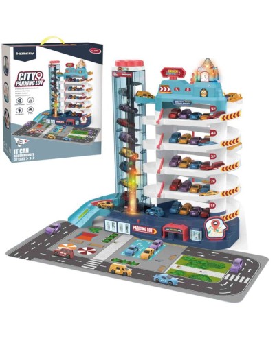 Гараж 5-поверховий з музикою, звуком, світлом, 8 машинок, ліфт, на баарейці, у коробці 35,5х42х16 см