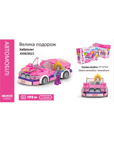 Конструктор IBLOCK JUNIOR «Кабріолет Велика подорож»,195 деталей, фігурки у комплекті, Kids hits