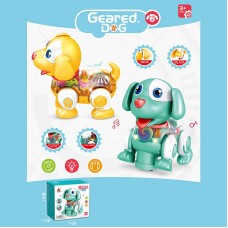 Музичний песик, на батарейці, прозорий корпус, кольорові внутр. деталі, світло, звук, в асортименті