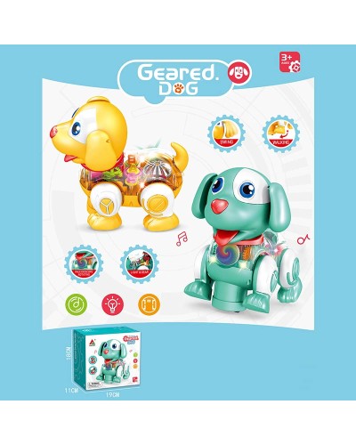 Музичний песик, на батарейці, прозорий корпус, кольорові внутр. деталі, світло, звук, в асортименті