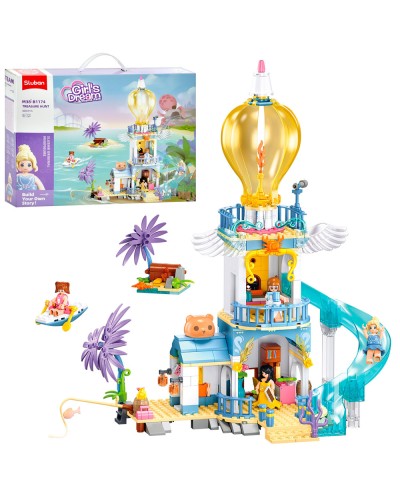 Конструктор «Рожева серія. Замок із гіркою» на 404 деталі, острів та фігурки, у коробці 56х38х8,5 см