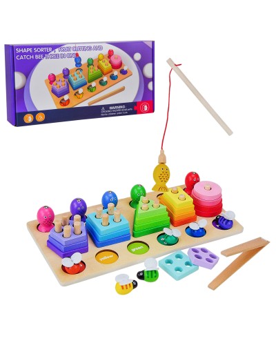 Дерев`яна іграшка 3 в 1: пірамідки, рибальство, сортер, у коробці 32,5х16х6 см