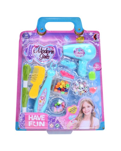 Набір парикмахера, намистини, нитки, пристрій для плетіння, фен, гребінець