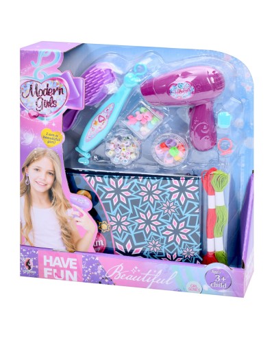 Іграшковий набір парикмахера, намистини, нитки, пристій для плетіння, фен, гребінець, косметичка