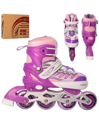 Ролики 35-38 розміру на алюмінієвій рамі, колеса 70 мм ПУ зі світлом, фіолетові, у коробці 38х27,5х12 см