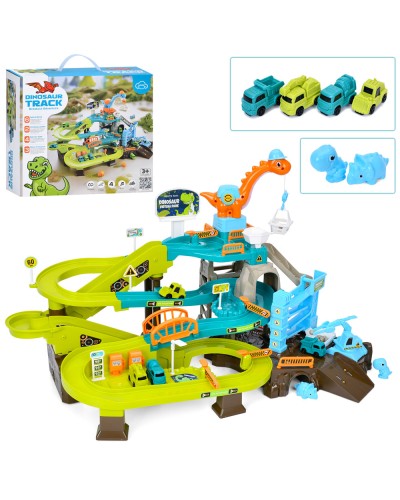 Гараж-трек «Діно» 65х36х37 см з музикою та рухомими деталями, 4 машинки та 2 динозави, у коробці