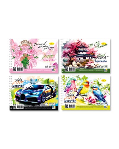 Скетчбук «Акварельний» А5 на 20 аркушів на спіралі з ламінованою обкладинкою, в асортименті, ТМ Апельсин