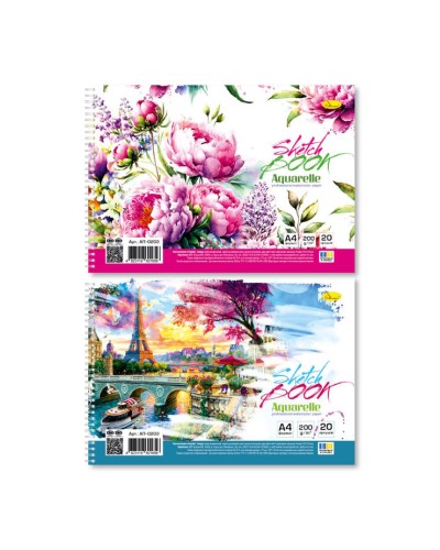 Скетчбук «Акварельний» А4 на 20 аркушів на пружині з ламінованою обкладинкою, в асортименті, ТМ Апельсин