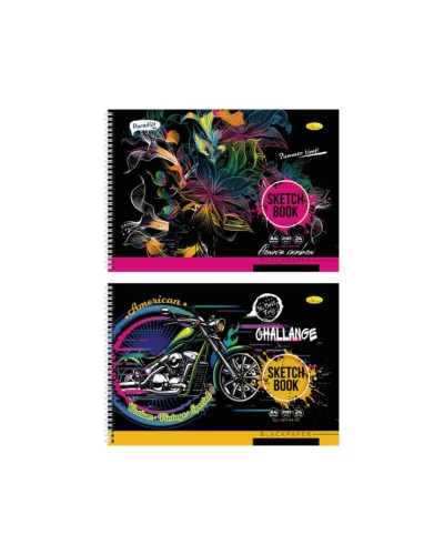 Скетчбук «BLACK» А4 на 24 аркуші на спіралі з ламінованою обкладинкою, в асортименті, ТМ Апельсин