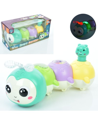 Гусінь 25 см музична з магнітними частинами та світлом, їздить, на батарейці, у коробці 12х27х10 см