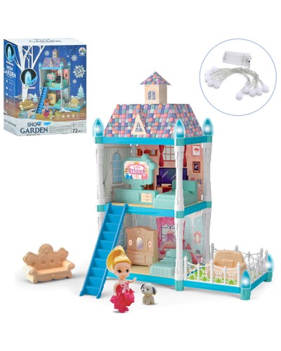 Будиночок 38х23х41см на 72 деталі 2-поверховий зі світлом, меблями та лялькою 10 см, на батарейці