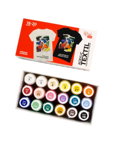 Фарби акрилові «STYLE» для розпису по тканині на 18 кольорів по 20 мл, ROSA Talent