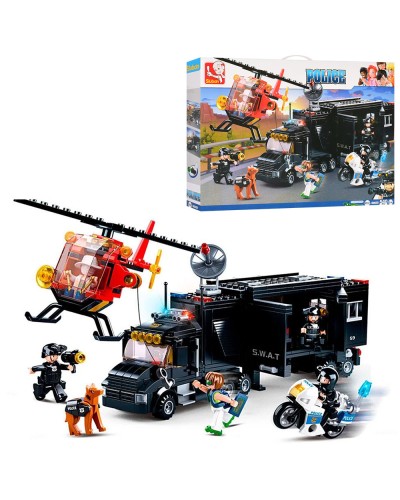 Конструктор «Поліція» на 540 дталей з трейлером, вертольотом та фігурками, у коробці 47,5х33х6,5 см