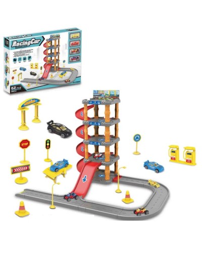 Гараж 5-поверховий на 62 елементи з 4 машинками по 6 см та дорожніми знаками, у коробці 45х31х7 см