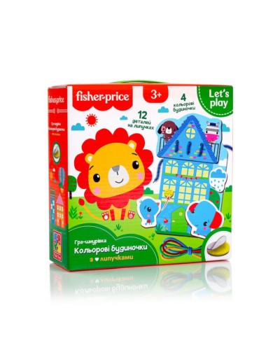 Гра-шнурівка «Fisher-Price. Кольорові будиночки» з тваринками на липучках, у коробці 18х18х5 см, ТМ Vladi Toys