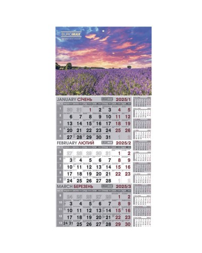 Календар настінний «Пейзаж 2025» квартальний на 1 пружину, 30х63 см, ТМ Buromax