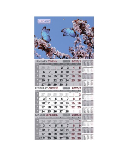 Календар настінний «Метелик 2025» квартальний на 1 пружину, 30х63 см, ТМ Buromax
