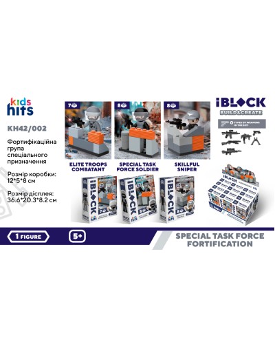 Конструктор «Спецпризначинці» на 7 деталей з набором зброї, в асортименті, у коробці 12х5х8 см, 12 шт у дисплеї 36х20х8 см, IBLOCK JUNIOR